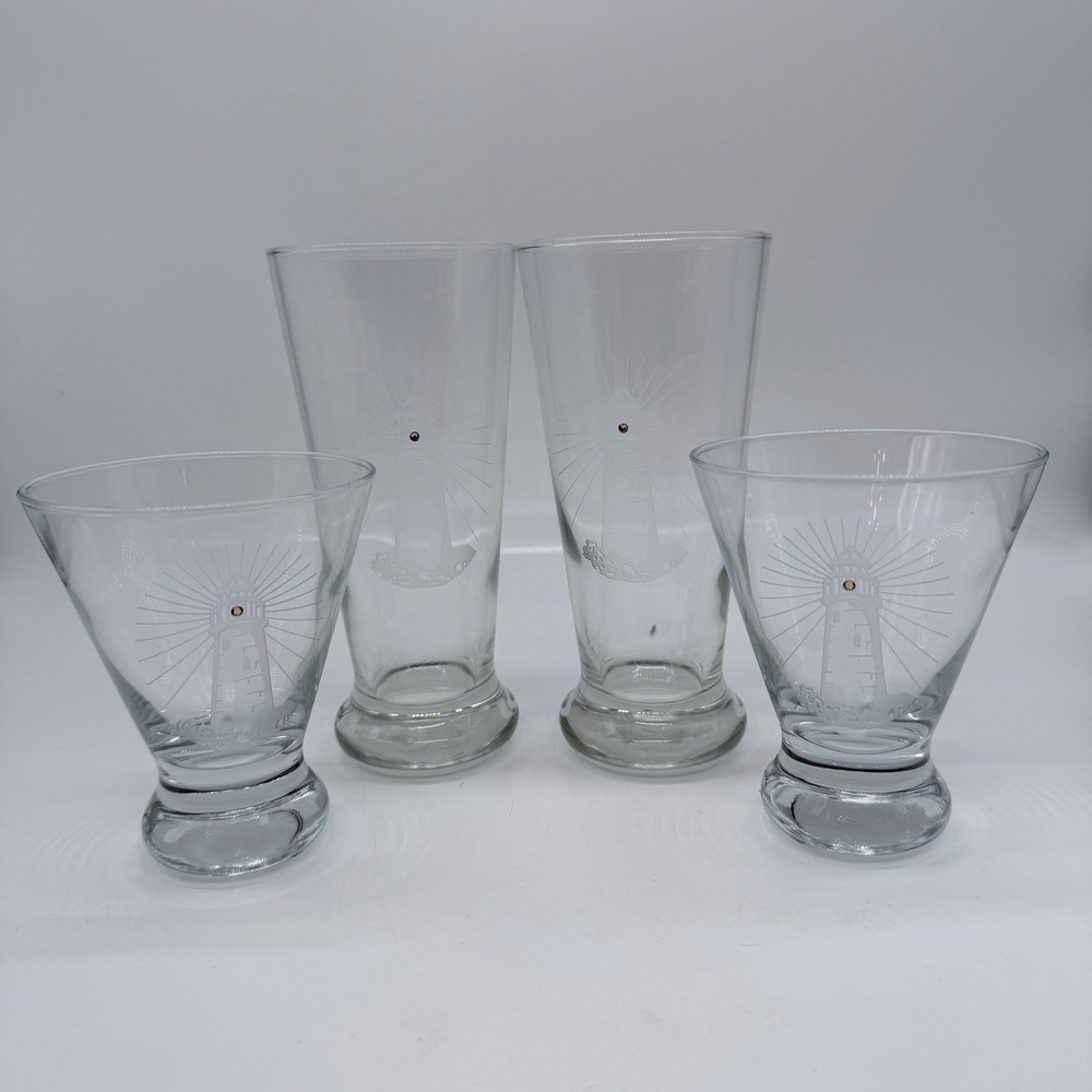 Healy Glass Artistry Etched Lighthouse Glasses Set of 4 Signed Nautical